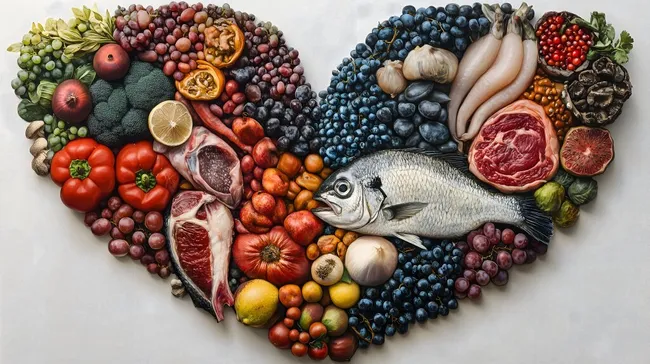 Herz aus frischen Obst, Gemüse und Meeresfrüchten