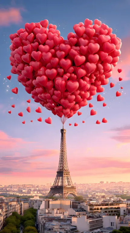 Herz-förmige Luftballons am Eiffelturm zum Valentinstag