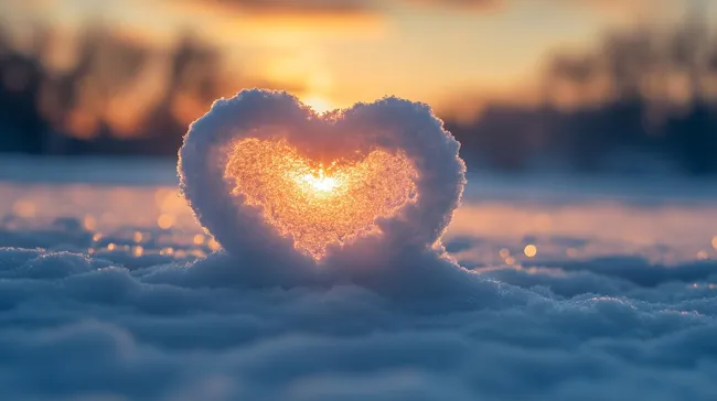 Herz-förmige Schneeskulptur im Sonnenuntergang