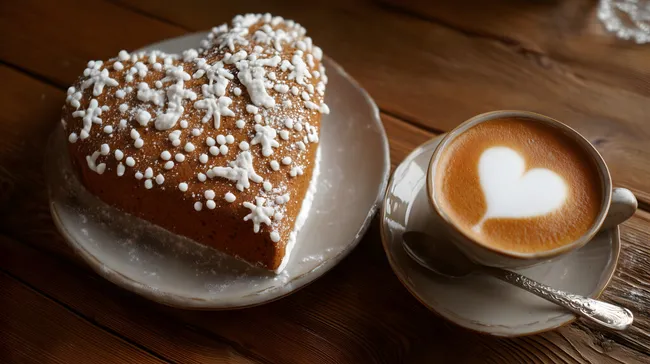 Herz-förmiger Lebkuchen mit Kaffee-Herz-Kunst