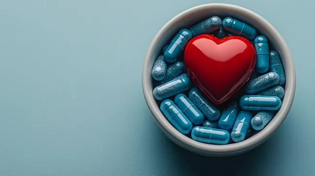 Herz und Medikamente in blauer Schale