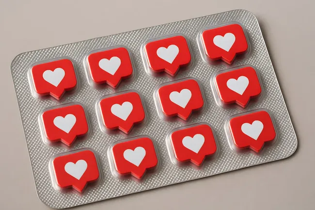 Herzen als Pillen: Interaktives Stockfoto zu Social Media-Resonanz