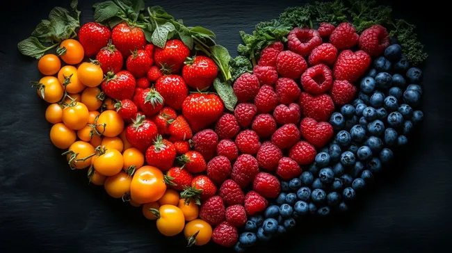 Herzförmige Anordnung von bunten Beeren und Tomaten