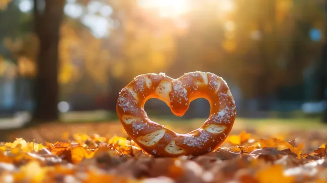 Herzförmige Brezel im Herbstlaub mit warmer Sonneneinstrahlung