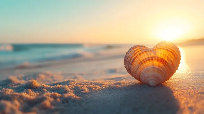 Herzförmige Muschel am Sonnenuntergangs-Strand