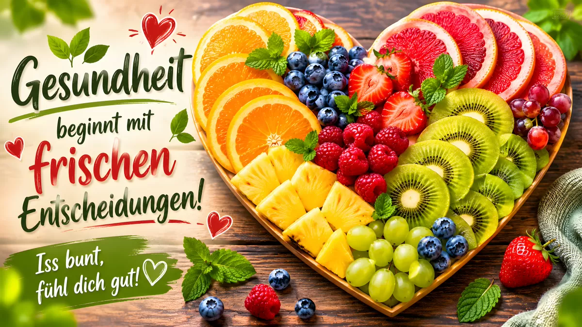 Herzförmige Obstplatte mit bunten Früchten auf Holz