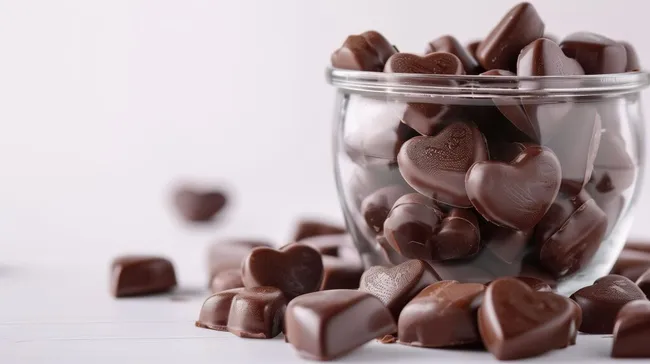 Herzförmige Pralinen im Glasgefäß - süße Schokoladendelikatesse