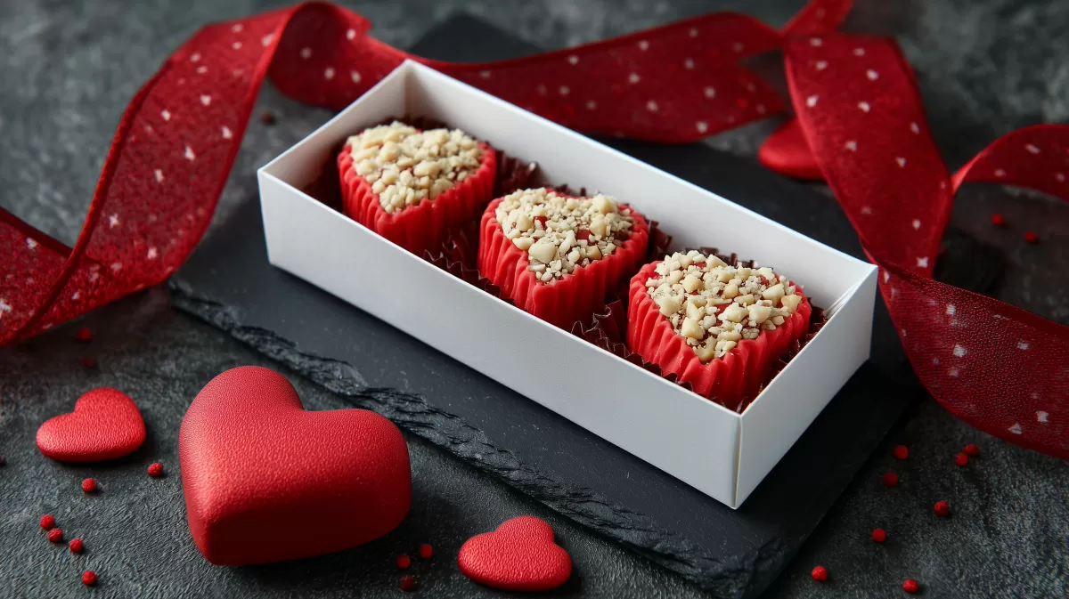 Herzförmige Pralinen in Geschenkverpackung