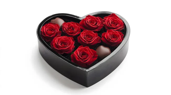 Herzförmige Pralinenschachtel mit roten Rosen und Schokolade