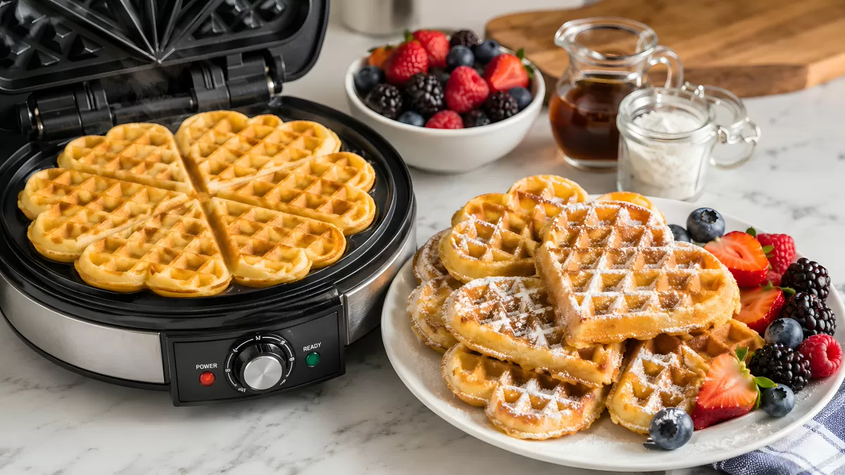 Herzförmige Waffeln mit Beeren und Puderzucker