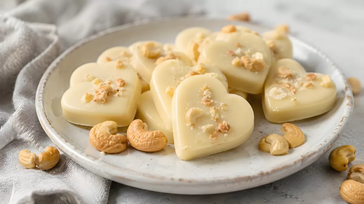 Herzförmige weiße Schokolade mit Cashewkernen