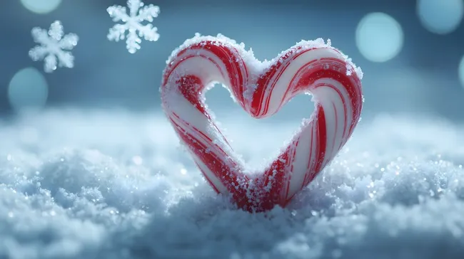 Herzförmige Zuckerstange im Winterschnee