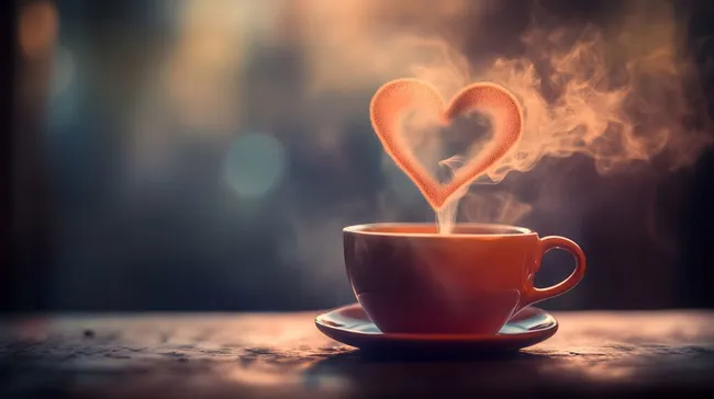 Herzförmiger Dampf aus Kaffeetasse auf Holztisch