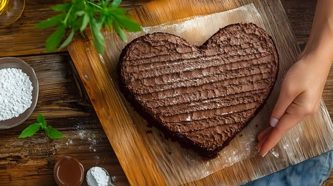 Herzförmiger Schokoladenkuchen auf Holzbrett