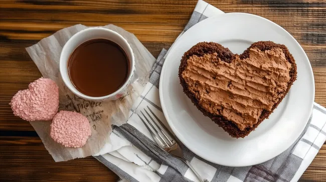 Herzförmiger Schokoladenkuchen auf rustikalem Holztisch
