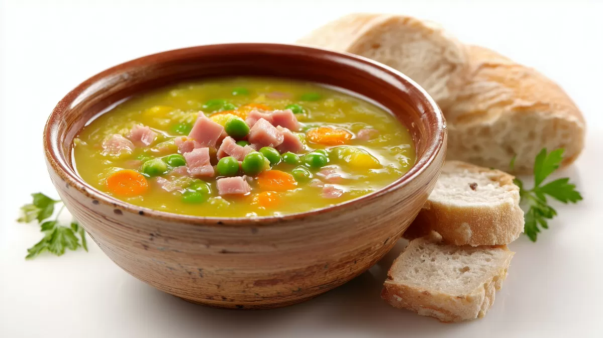 Herzhafte Erbsensuppe mit Schinken und Brot