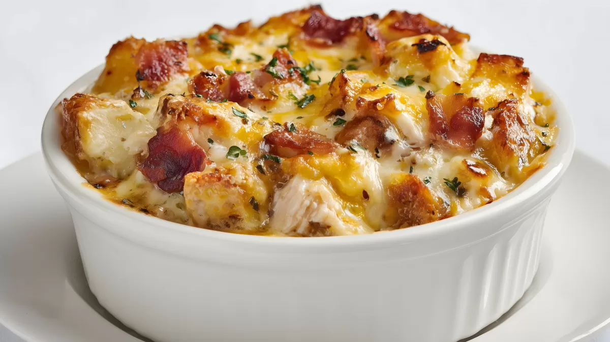 Herzhafte Kartoffelauflauf-Schüssel mit knusprigem Bacon