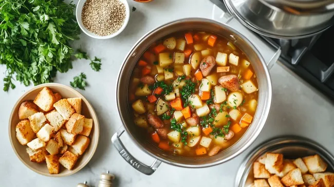Herzhafte Kartoffelsuppe mit Gemüse und Croûtons