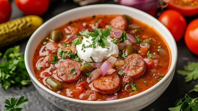 Herzhafte Soljanka-Suppe mit Sauerrahm und Kräutern