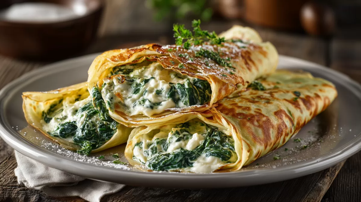 Herzhafte Spinat Crêpes mit cremiger Ricotta-Füllung
