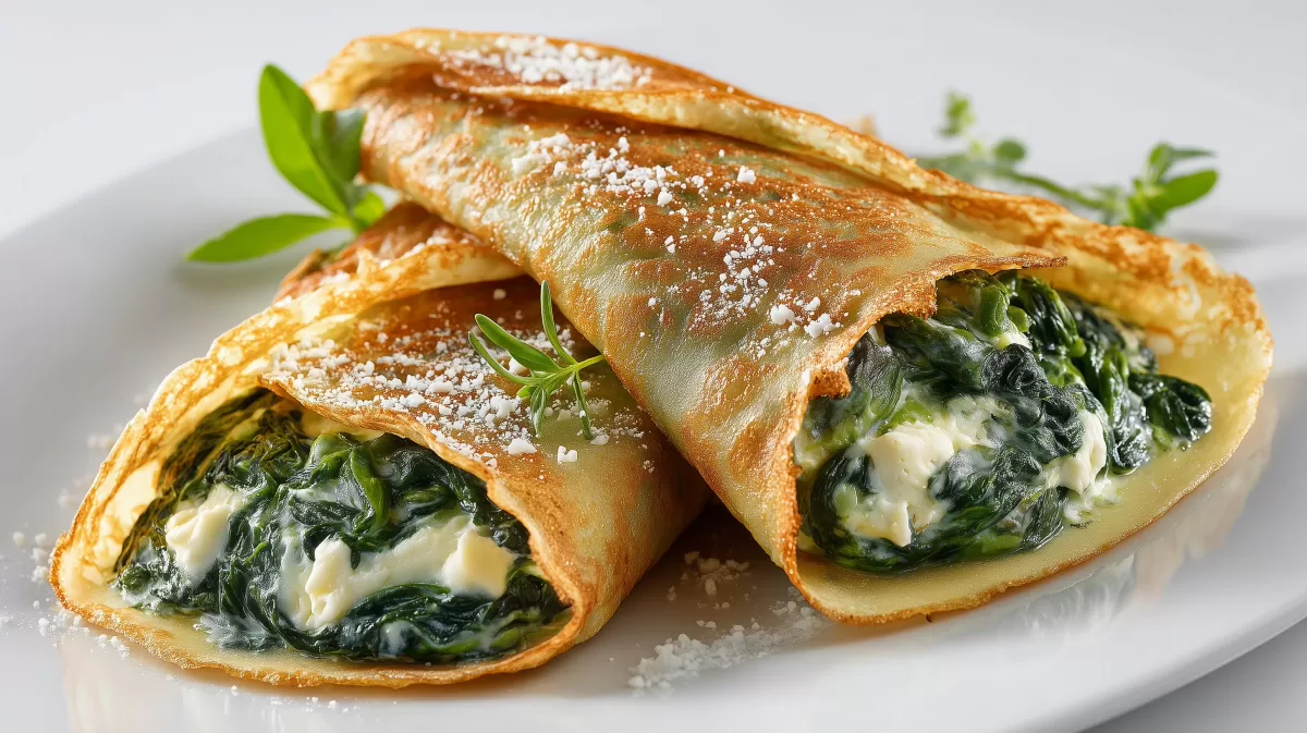 Herzhafte Spinat Crêpes mit Frischkäse auf Teller