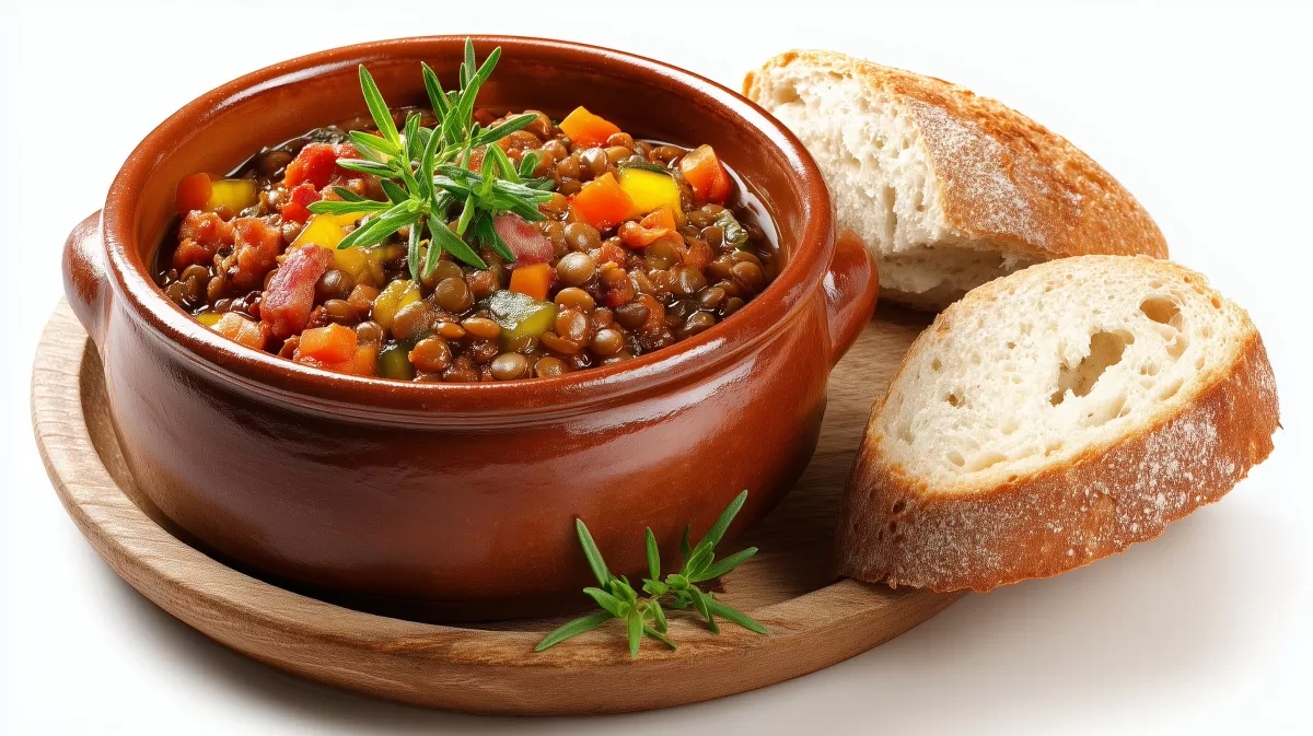 Herzhafter Linseneintopf im Tongeschirr mit Brot