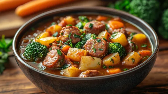 Herzhafter Wurstgemüsetopf mit Brokkoli und Kartoffeln