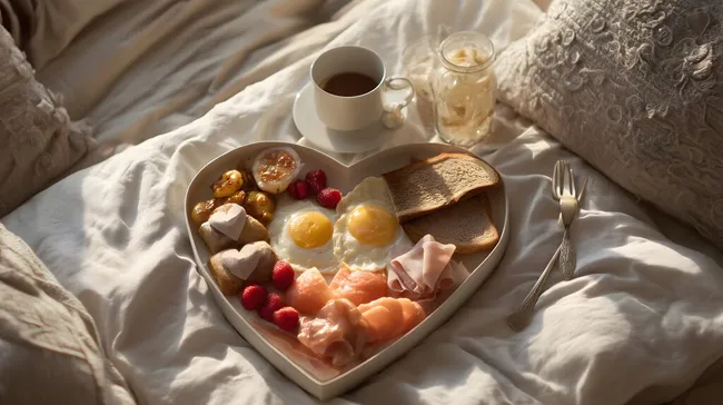 Herzhaftes Frühstück im Bett mit Eiern, Lachs und Obst