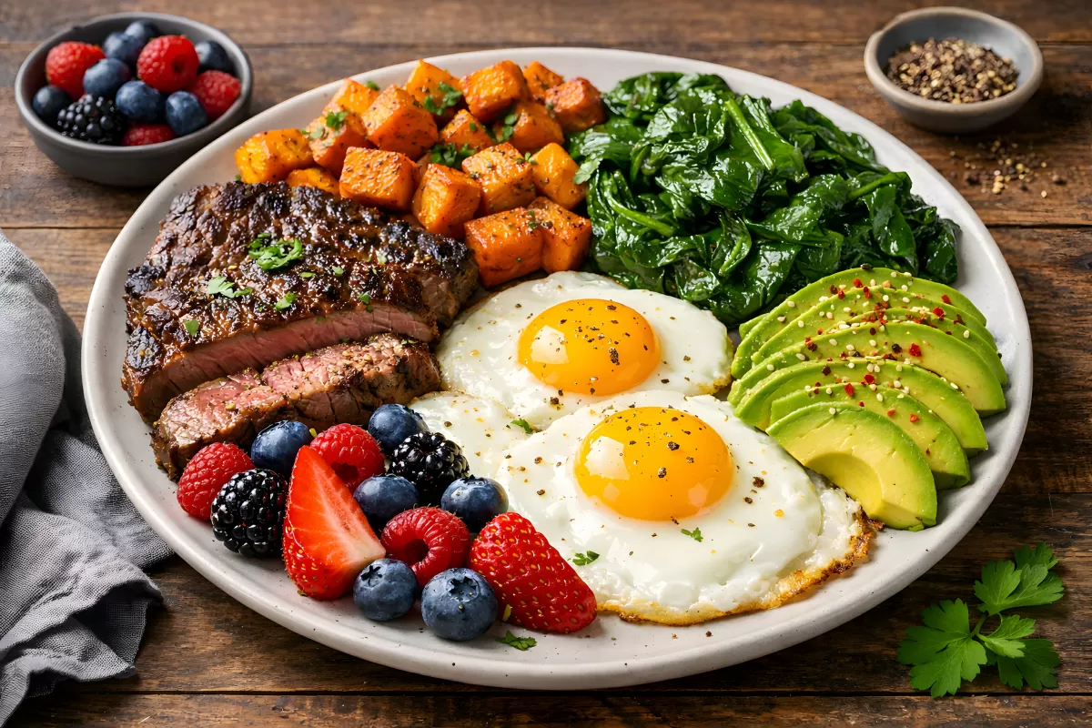 Herzhaftes Frühstück mit Steak, Eiern und Avocado