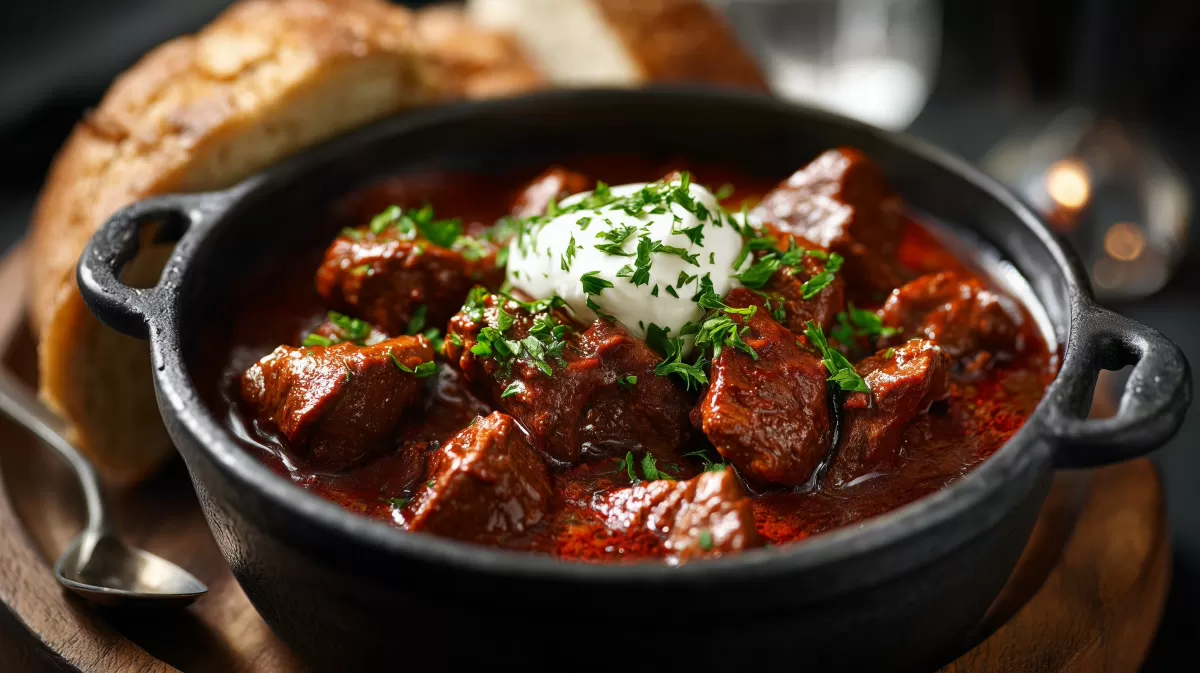 Herzhaftes Gulasch in Gusseisenpfanne mit Sauerrahm