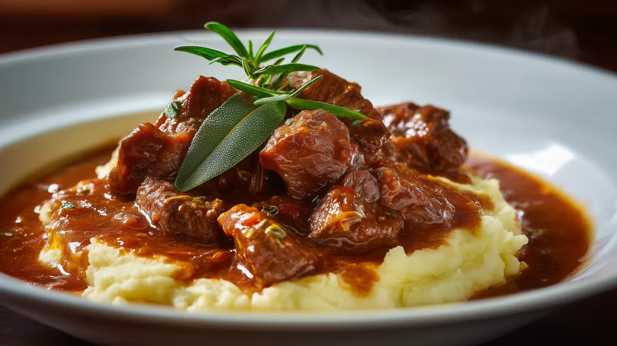 Herzhaftes Gulasch mit Kartoffelpüree und Kräutern