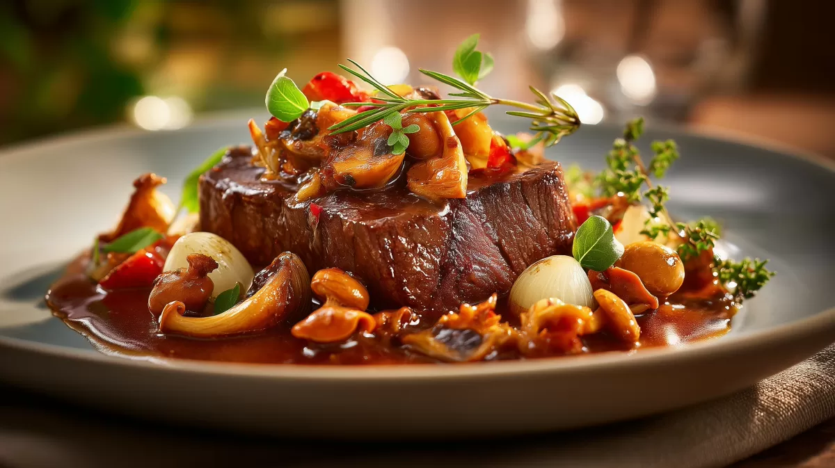 Herzhaftes Steakgulasch mit Pilzen und Kräutersauce