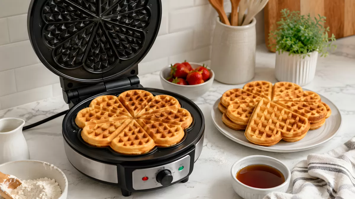 Herzwaffeleisen geöffnet mit frischen Waffeln auf Marmorplatte