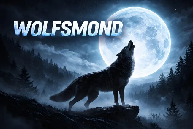 Heulender Wolf bei Vollmond in mystischer Natur