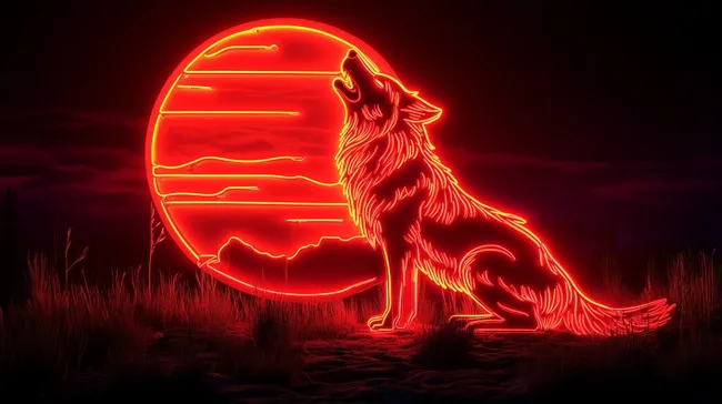 Heulender Wolf vor Neonmond in Nachtlandschaft