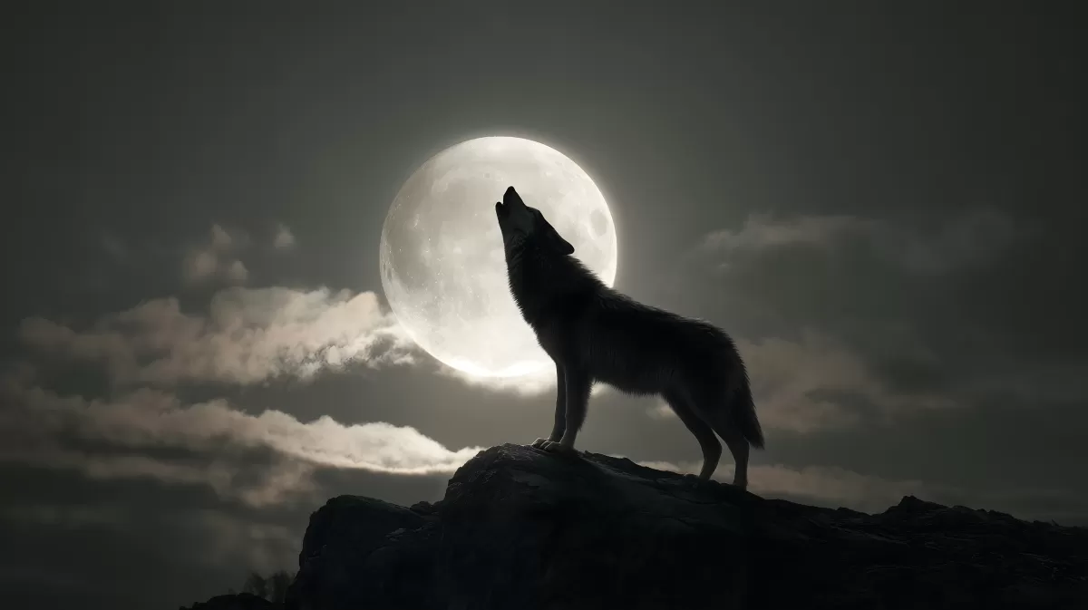 Heulender Wolf vor Vollmond in dramatischer Natur