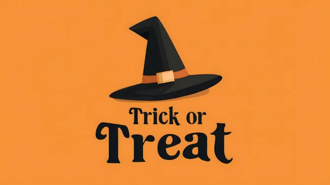 Hexenhut auf orangefarbenem Hintergrund mit Schriftzug 'Trick or Treat'