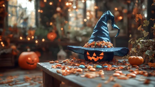 Hexenhut voller Süßigkeiten auf herbstlichem Holztisch