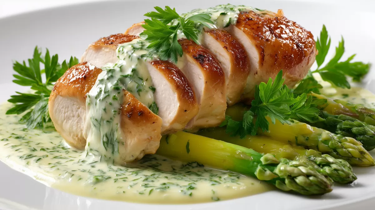 Hhnchen mit Spargel Brlauch Sauce auf weißem Teller