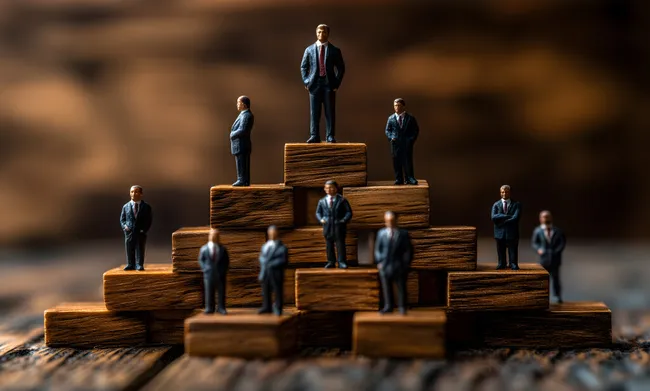 Hierarchie und Führung - Geschäftsfiguren auf Holzpyramide