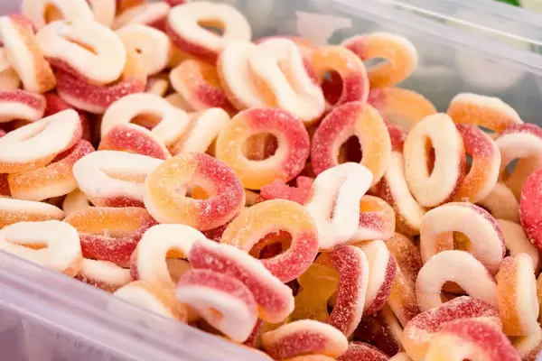 High Angle View of the Bulk of Colorful Gummy Jelly Candy Rings