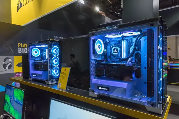 High end PCs by Corsair with glass cases, LEDs and water cooling