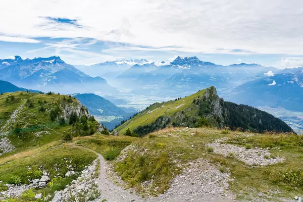 Hiking and biking paths in Swiss alps with breathtaking view