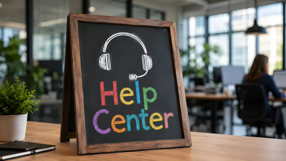 Hilfe-Center Kreidetafel mit Headset im Büro