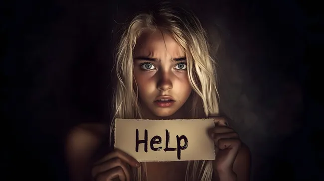 Hilfesuchende junge Frau in dunkler Umgebung