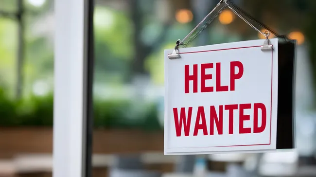 Hilfsgesuch-Schild im Geschäftsfenster