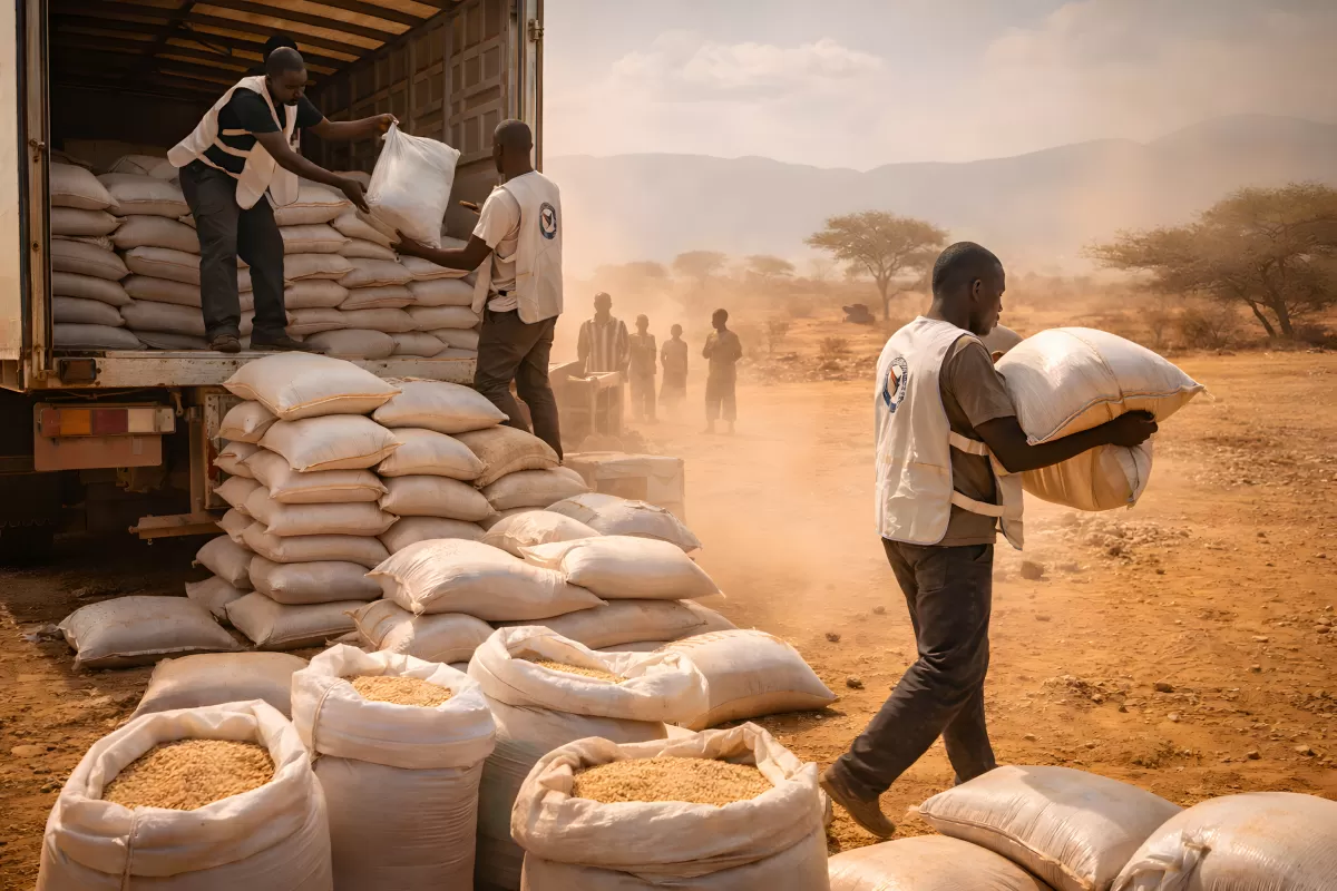 Hilfsorganisation verteilt Getreidesäcke in Dürreregion