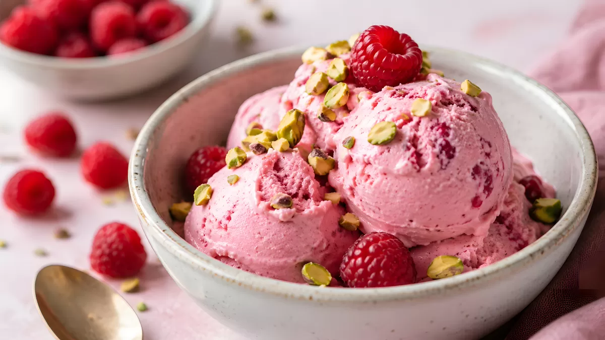 Himbeer-Eis mit Pistazien in weißer Schale