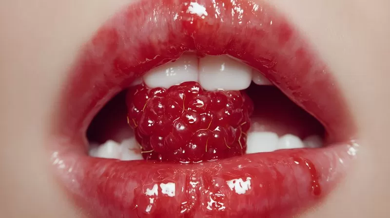 Himbeere zwischen glänzenden Lippen in Nahaufnahme