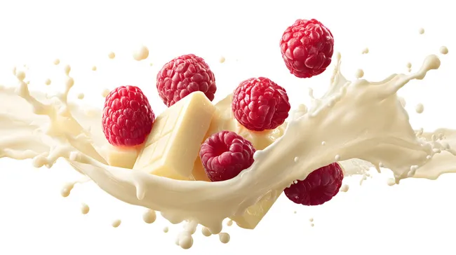 Himbeeren schwimmend in weißer Schokolade-Milch-Explosion